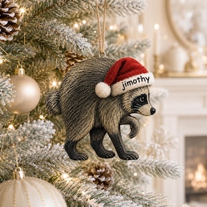 May include: A raccoon Christmas tree ornament with textured brown and black fur, wearing a red and white Santa hat with the name Jimothy printed in black on the white brim. The ornament hangs from a thin brown twine loop against a pine tree.