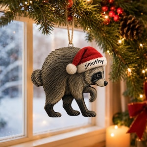 May include: A raccoon-shaped Christmas ornament with textured gray and black fur, wearing a red Santa hat with a white pom-pom and trim. The white trim of the hat features the name jimothy printed in black text. The ornament hangs by a twine loop.