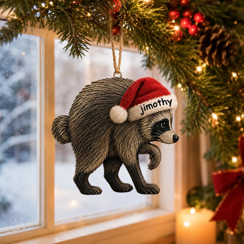 May include: A raccoon-shaped Christmas ornament with textured gray and black fur, wearing a red Santa hat with a white pom-pom and trim. The white trim of the hat features the name jimothy printed in black text. The ornament hangs by a twine loop.