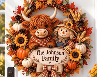 Custom Family Name Fall Wreath, Personalized Highland Cow Scarecrow Door Decor, Autumn Harvest Wreath, Thanksgiving Front Door Gift