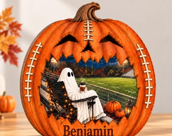 Personalized Vintage Halloween Football Wood Sign, Ghost Game Day Pumpkin Decor, Retro Fall Football Tabletop Sign, Custom Name Gift