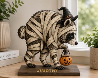 Personalized Jimothy Raccoon Halloween Wood Sign, Seattle Raccoon Desk Decor, Viral Raccoon Meme Gift, Spooky Animal Tabletop Stand