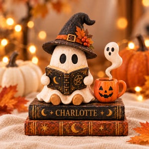 May include: A figurine of a white ghost wearing a black witch hat with autumn leaves, reading a black book with gold symbols. Beside the ghost is an orange jack-o'-lantern mug with a small ghost rising from it, all resting on two stacked books.