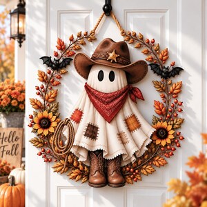 May include: A decorative wreath featuring a central ghost figure wearing a brown cowboy hat with a star badge, a red patterned bandana, and brown cowboy boots. The ghost holds a lasso, surrounded by autumn leaves, sunflowers, berries, and bats.