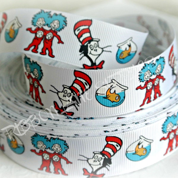 Ribbon by the Yard 1" CAT HAT  Dr. Suess Suessical Thing 1 Thing 2 White Fish Grosgrain-Hair bows  WHolesale by Ribbon Lane Supplies