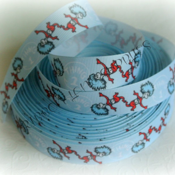 Ribbon by the Yard 7/8"  CAT HAT  Dr. Suess Suessical Thing 1 Thing 2 Blue Grosgrain-Hair bows  WHolesale by Ribbon Lane Supplies