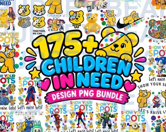 May include: A digital design bundle featuring numerous illustrations of the yellow Pudsey bear mascot with a polka-dot eye patch, alongside various pop culture characters, colourful polka dots, and the text 175+ CHILDREN IN NEED.
