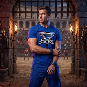 Peut inclure: Un t-shirt bleu roi à manches courtes arborant un emblème triangulaire métallique avec le texte GLADIATORS imprimé en blanc et argent. Le t-shirt est porté avec un pantalon cargo bleu assorti et des bracelets sombres aux deux bras.