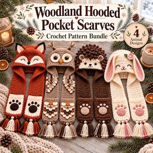 Könnte beinhalten: Vier gehäkelte Kapuzenschals mit Tiermotiven: Fuchs, Eule, Igel und Hase. Jeder Schal hat Taschen mit Pfotenabdrücken und Quasten. Der Text lautet: Woodland Hooded Pocket Scarves Crochet Pattern Bundle 4 Animal Designs.
