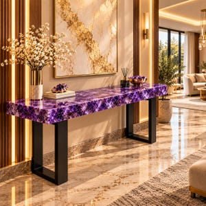 May include: A rectangular console table featuring a polished purple amethyst gemstone surface and two black metal U-shaped legs. The table is adorned with a tall vase of white flowers, a small amethyst cluster, and a bowl of purple stones.