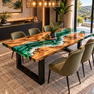 May include: A rectangular dining table featuring a natural wood slab with a central river-like inlay of translucent emerald green resin with white foam-like details, supported by a black metal frame, surrounded by six olive green upholstered chairs.