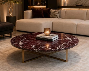Couchtisch aus Rosso Levanto Marmor, handgefertigt aus Naturstein, luxuriöse Wohnzimmermöbel und Dekorationen