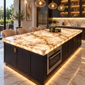Puede incluir: Una gran isla de cocina con una encimera de piedra translúcida retroiluminada de color crema con vetas marrones. La base consta de armarios de madera oscura con un microondas de acero inoxidable integrado y cuatro sillas tapizadas en beige.