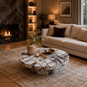 Pode incluir: Uma mesa de centro redonda com tampo de mármore branco e roxo escuro e uma base cilíndrica a condizer. A superfície da mesa contém um vaso bege texturizado com flores brancas, um pequeno suporte de vela de vidro, uma taça e um livro.