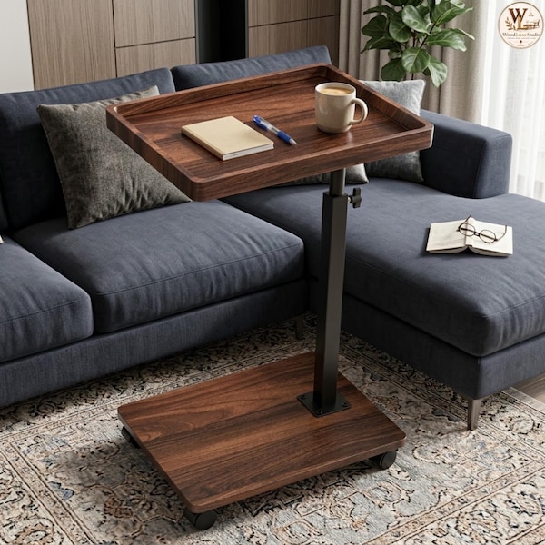 Adjustable C-Table Side Table, Swivel Laptop Tray, Space-Saving Wheels (Walnut Brown, Black, White)