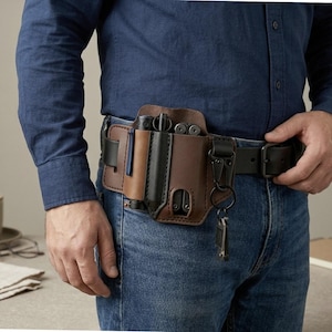 Op de afbeelding: Een bruine lederen riemholster met meerdere vakken voor gereedschap, waaronder een zwarte multitool en een pen. De holster is bevestigd aan een zwarte leren riem met een metalen gesp en bevat een metalen karabijnhaak voor sleutels of accessoires.