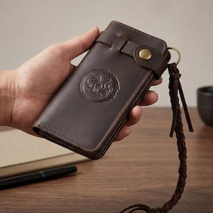 May include: A dark brown leather long wallet featuring a circular embossed dragon design on the front cover. The wallet includes a secure snap button closure with a strap and a braided leather lanyard attached to a brass-toned metal ring.
