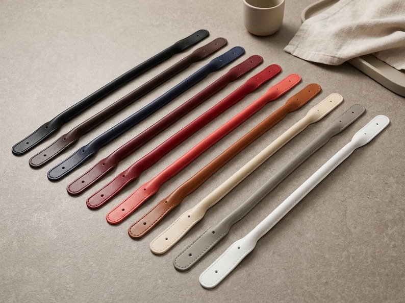 Puede incluir: Una colecci&oacute;n de nueve asas de bolso largas y delgadas dispuestas en diagonal en una fila. Las asas est&aacute;n disponibles en una variedad de colores que incluyen negro, marr&oacute;n oscuro, azul marino, granate, rojo, tostado, crema, gris y blanco.