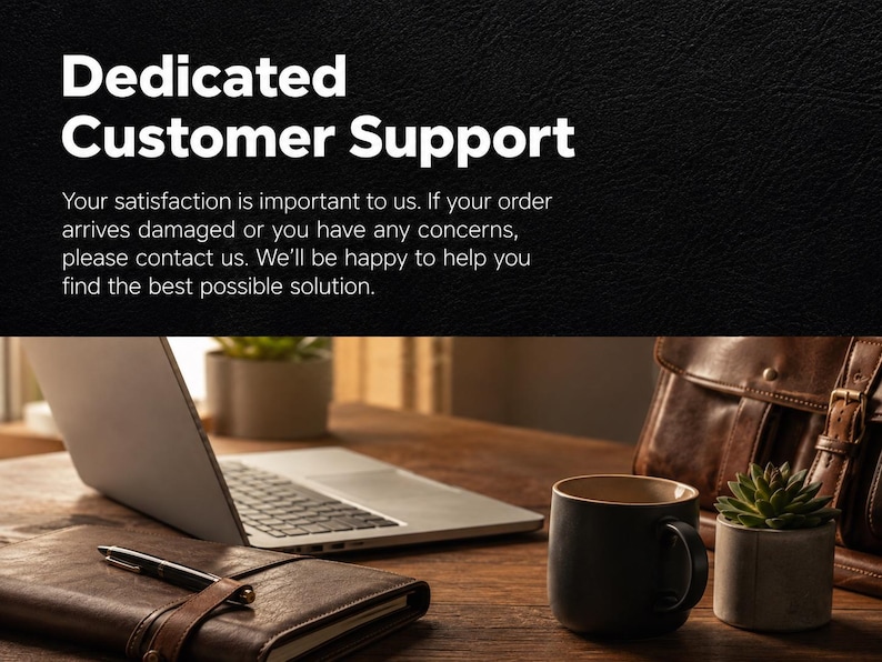 Puede incluir: Un espacio de trabajo con un port&aacute;til plateado, un cuaderno de cuero marr&oacute;n con un bol&iacute;grafo negro, una taza de cer&aacute;mica oscura y una peque&ntilde;a suculenta en una maceta gris. El texto superior dice: Dedicated Customer Support.