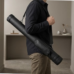 May include: A black cylindrical carrying case with a smooth finish, featuring a small rectangular zippered pocket on the side and an adjustable black shoulder strap with metal clips, worn diagonally across the torso for transport.