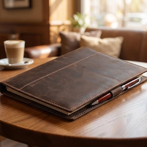 Puede incluir: Una funda de cuero marrón oscuro para cuaderno con costuras visibles en los bordes y una costura central. La funda cuenta con un portalápices que sostiene un bolígrafo fino de color rojo oscuro y plateado, envolviendo el cuaderno.