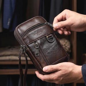 May include: A dark brown leather vertical crossbody bag featuring multiple zipped compartments, a front pocket with a metal D-ring attachment, and silver-toned hardware. The bag has a textured finish and includes a matching adjustable shoulder strap.