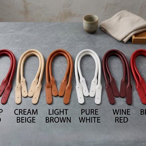 Puede incluir: Seis pares de asas para bolso en forma de U en varios colores, etiquetadas como Deep Red, Cream Beige, Light Brown, Pure White, Wine Red y Bright Red. Cada par presenta extremos cosidos con agujeros preperforados para fijar al bolso.