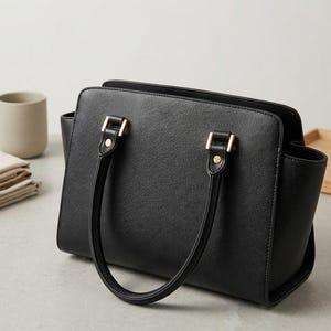 Puede incluir: Un bolso de mano negro estructurado con acabado texturizado, que cuenta con dos asas superiores redondeadas unidas mediante herrajes met&aacute;licos en tono dorado. El bolso presenta una silueta rectangular limpia con fuelles laterales.