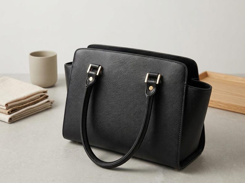 Puede incluir: Un bolso de mano negro estructurado con acabado texturizado, que cuenta con dos asas superiores redondeadas unidas mediante herrajes met&aacute;licos en tono dorado. El bolso presenta una silueta rectangular limpia con fuelles laterales.
