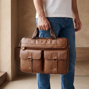 May include: A tan leather briefcase featuring two large front pockets with flap closures, secured by vertical straps and metal snaps. The bag includes a top handle, a zippered main compartment, and side hardware for an optional shoulder strap.
