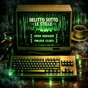 May include: A vintage computer monitor and keyboard displaying the green text DELITTO SOTTO LE STELLE, OPEN DOSSIER, and UNLOCK CLUES. The screen shows a digital cityscape background with green vertical lines, surrounded by wisps of smoke.