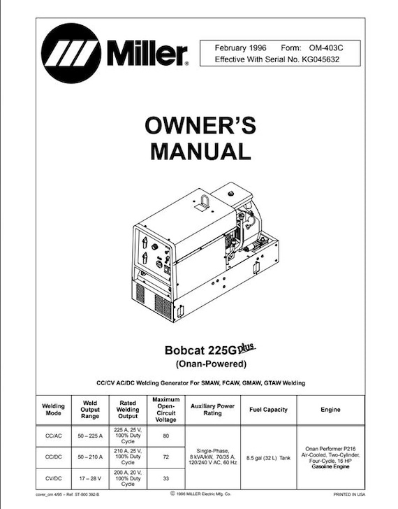 Miller Bobcat 225G Plus Welding Generator Owner’s Manual (1996) PDF Download