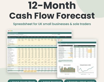 Cash Flow Forecast Spreadsheet UK Small Business, 12 Month Excel & Google Sheets Template, Sole Trader Budget Planner, Instant Download