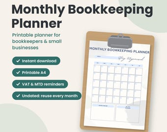 Monthly Bookkeeping Planner Printable, Self Employed & Small Business Planner UK, VAT and MTD Reminders, Undated, Instant Download