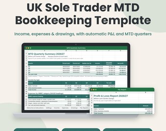 UK Sole Trader Bookkeeping Template, MTD Quarterly Summary, Income & Expense Tracker, Profit and Loss Report, Excel and Google Sheets