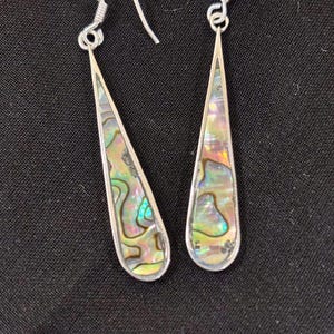 Natural Abalone Shell Earrings 925 Sterling Silver, Iridescent Long Teardrop Drop Earrings, Inlay Shell Dangle Earrings, Boho Beach Jewelry
