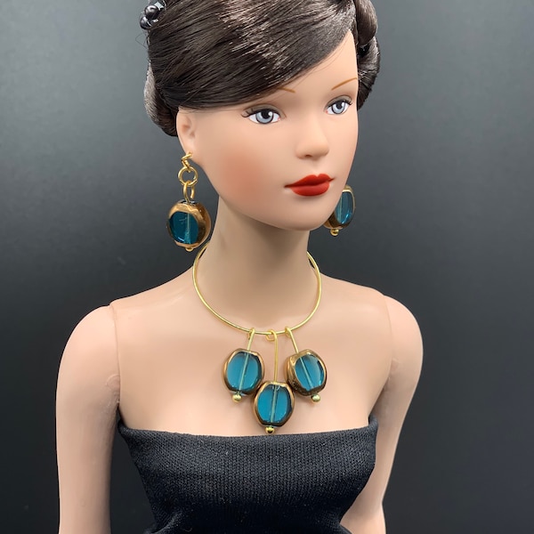 OOAK Peacock Necklace and Earrings set for 16" (1/4) doll Tonner Tyler Ellowyne Wilde Fashion Dolls