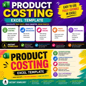 May include: A digital product costing Excel template featuring bold text that reads PRODUCT COSTING EXCEL TEMPLATE. The graphic includes icons for accurate costing, complete breakdown, smart pricing, profit focused, and fully customizable features.