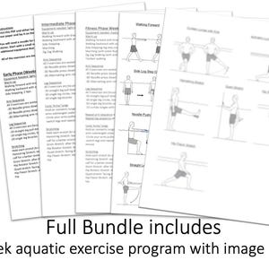May include: A 12-week aquatic exercise program document bundle featuring printed instructions, fitness phase schedules, and an image library with black and white line drawings demonstrating various water-based movements and stretches.