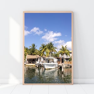 Framed Photography Print Mexico, Wall Art, Art Print Travel Photo, Around the World Series, View with Boat and Palm Trees, Isla Mujeres