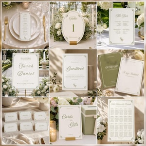 May include: A collection of wedding stationery featuring a consistent design with sage green borders and elegant serif typography. The set includes menu cards, table numbers, bar menus, welcome signs, guestbook signs, cards and gifts signs, and seating charts.