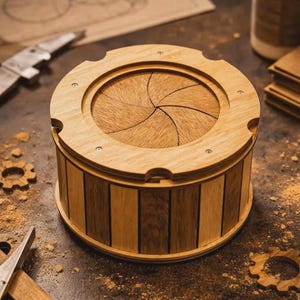 Puede incluir: Una caja cilíndrica de madera con una tapa de iris mecánica de láminas curvas. El exterior está construido con paneles verticales de madera que alternan tonos claros y oscuros. El borde superior está asegurado con pequeños tornillos metálicos y el mecanismo de la tapa permite un movimiento circular.