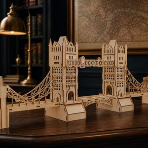 Może przedstawiać: Model mostu Tower Bridge wykonany z jasnego drewna, składający się z dwóch głównych wież połączonych kładką, z misternymi kablami podwieszanymi i szczegółowymi wycięciami architektonicznymi. Konstrukcja została złożona z płaskich, wycinanych laserowo elementów.
