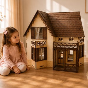 Può includere: Una casa delle bambole in legno con tetto a tegole marroni, pareti color crema, persiane marrone scuro e un portico anteriore con ringhiera a traliccio. La struttura comprende più livelli, telai delle finestre dettagliati e un balcone.