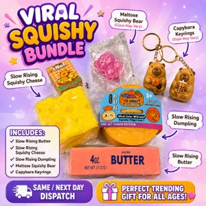 Può includere: Un Viral Squishy Bundle contenente un formaggio squishy giallo a risalita lenta, un orsetto squishy al maltosio rosa in plastica, due portachiavi a capibara, un contenitore rotondo per un raviolo squishy e un burro squishy da 113 g.