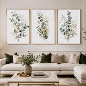 Botaniska akvarelltryck set om 3, väggkonst med eukalyptus, neutral salviafärgad dekor, minimalistisk botanisk tavelvägg, utskrivbar digital nedladdning