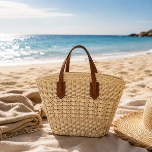 Pode incluir: Uma bolsa tote de palha tran&ccedil;ada bege com um padr&atilde;o texturizado na metade inferior e duas al&ccedil;as de couro marrom presas com abas retangulares. A bolsa possui uma abertura superior e uma base estruturada sobre um tecido de cor clara.