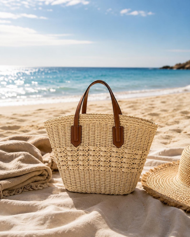 Pode incluir: Uma bolsa tote de palha tran&ccedil;ada bege com um padr&atilde;o texturizado na metade inferior e duas al&ccedil;as de couro marrom presas com abas retangulares. A bolsa possui uma abertura superior e uma base estruturada sobre um tecido de cor clara.