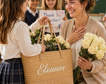 Personalized Straw Tote Bag, Embroidered Teacher Gift, Custom Name Beach Tote Shoulder Bag, Teacher Appreciation Gift, Cadeau Maitresse