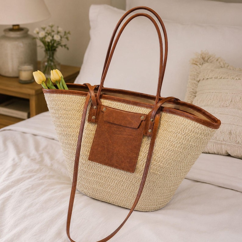 Handwoven Straw Shoulder Bag, Boho Straw Tote Bag, Handmade Woven Beach Bag, Natural Straw Purse, Lightweight Casual Summer Vacation Handbag Beige